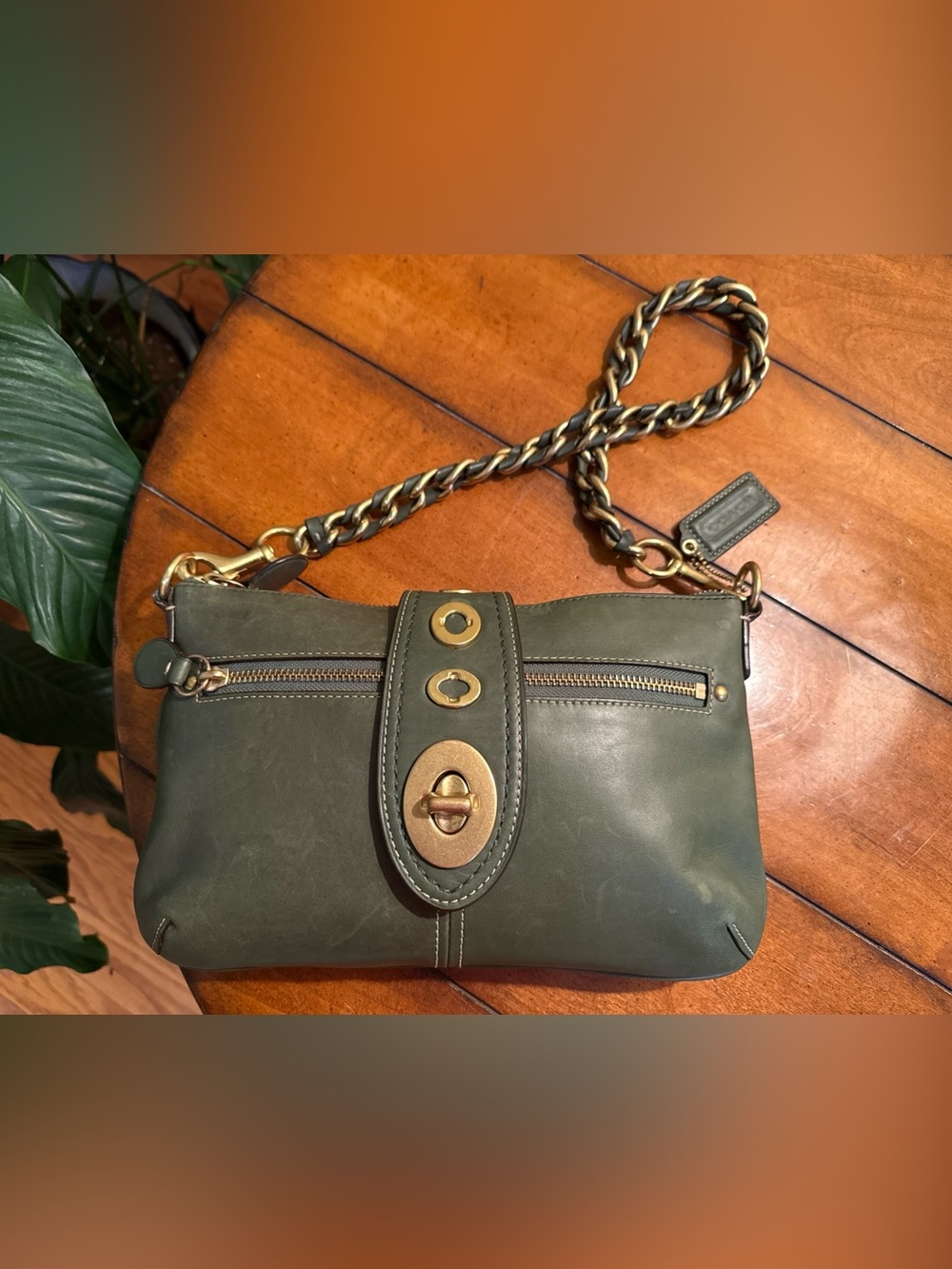 AUTHENTIC Coach F13756 Bridget Green Leather Handbag Purse Chain Strap Preowned